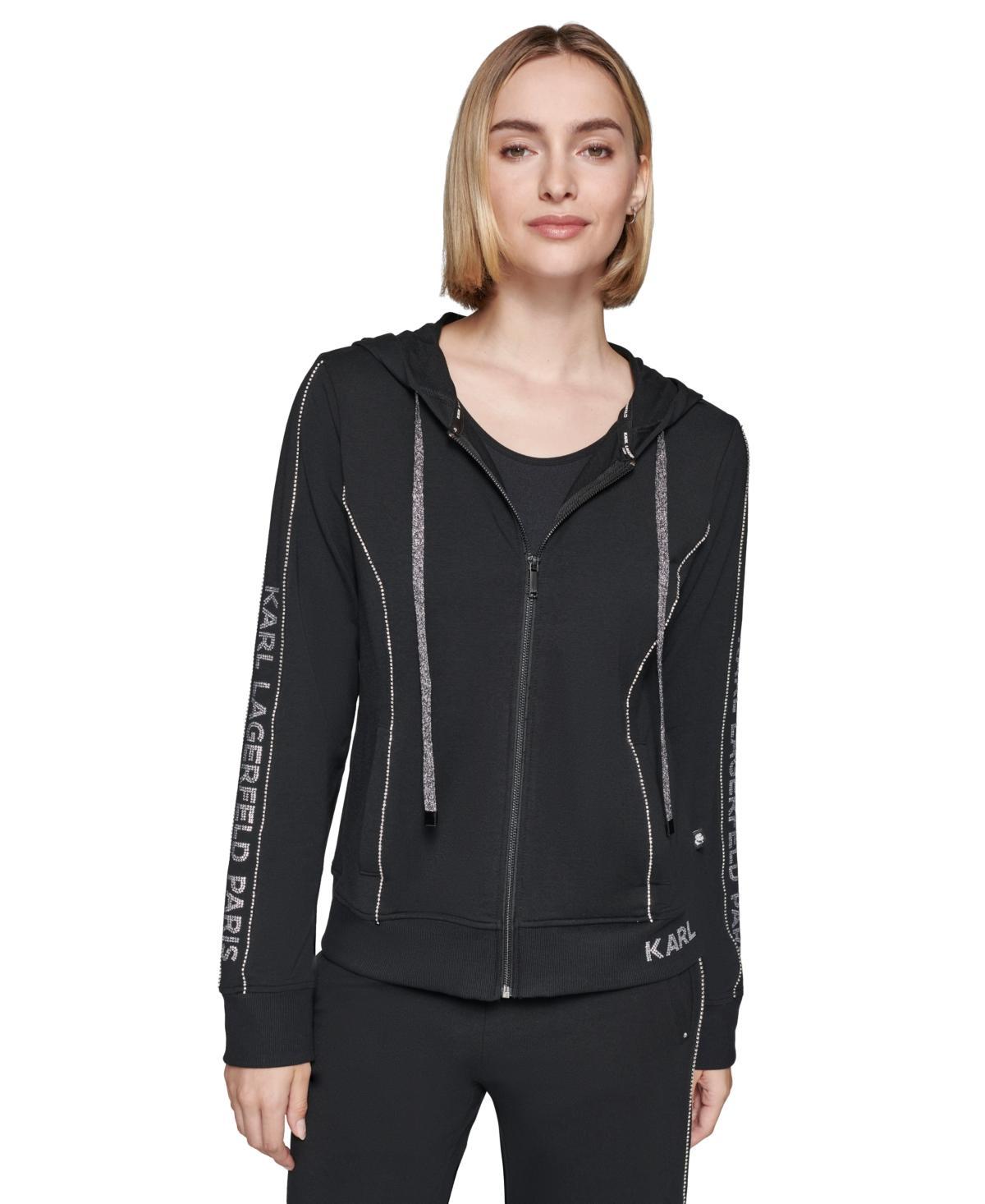 Karl Lagerfeld Paris Womens Embellished Logo Zip Up Hoodie Product Image