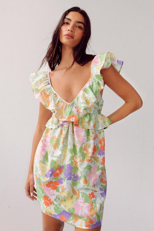 Ruffle Floral Plunge Tie Back Mini Dress Product Image