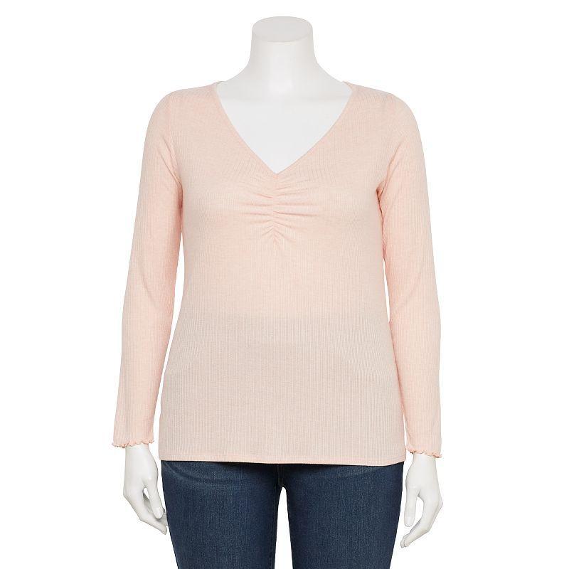 Plus Size LC Lauren Conrad Long Sleeve Ruched Front V-Neck Top, Womens Product Image