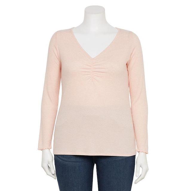 Plus Size LC Lauren Conrad Long Sleeve Ruched Front V-Neck Top, Womens Light Pink Product Image