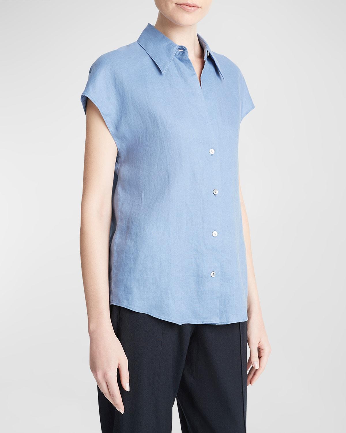 Cap-Sleeve Linen Button-Front Blouse Product Image