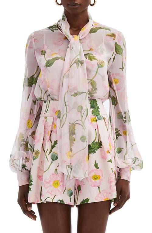 Oscar de la Renta Poppy Print Sheer Tie Neck Silk Chiffon Top Product Image