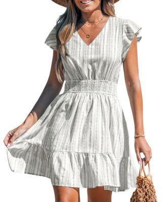 Cupshe Womens Striped V-Neck Ruffled Mini Beach Dress Product Image