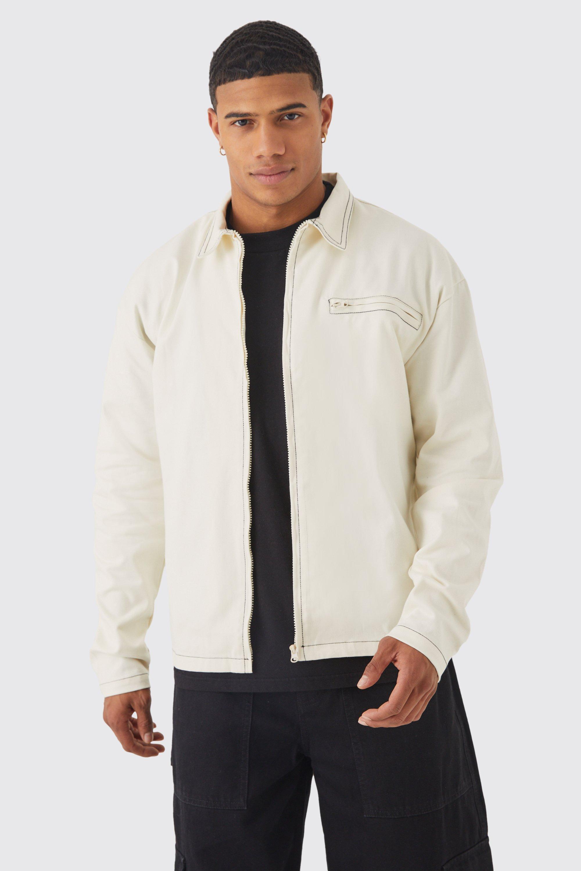 Boxy Contrast Stitch Zip Twill Overshirt | boohooMAN USA Product Image