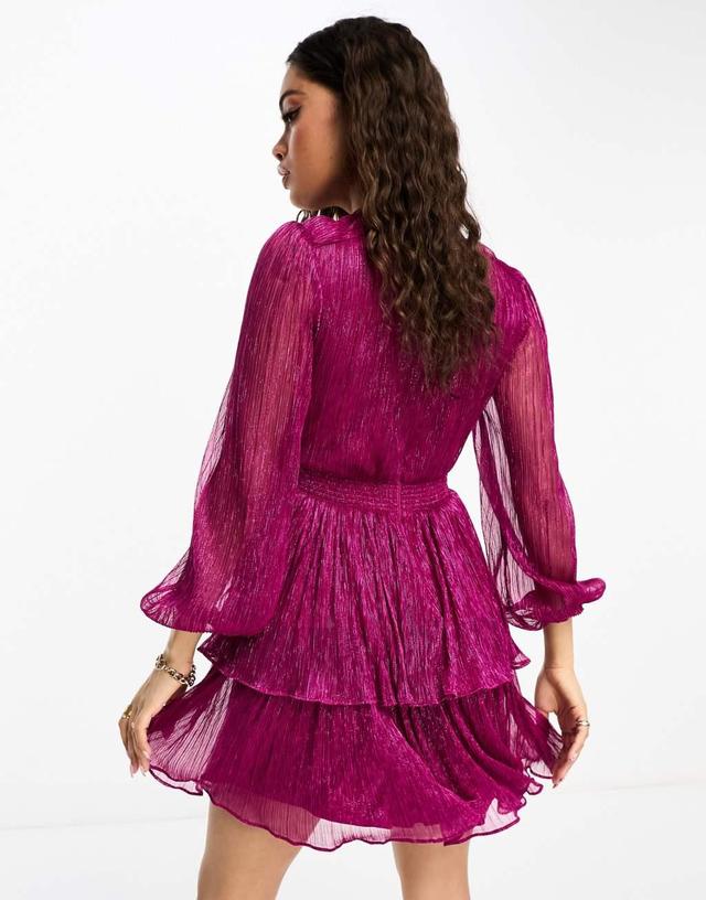 Ever New Petite tiered metallic plisse mini dress in pink Product Image