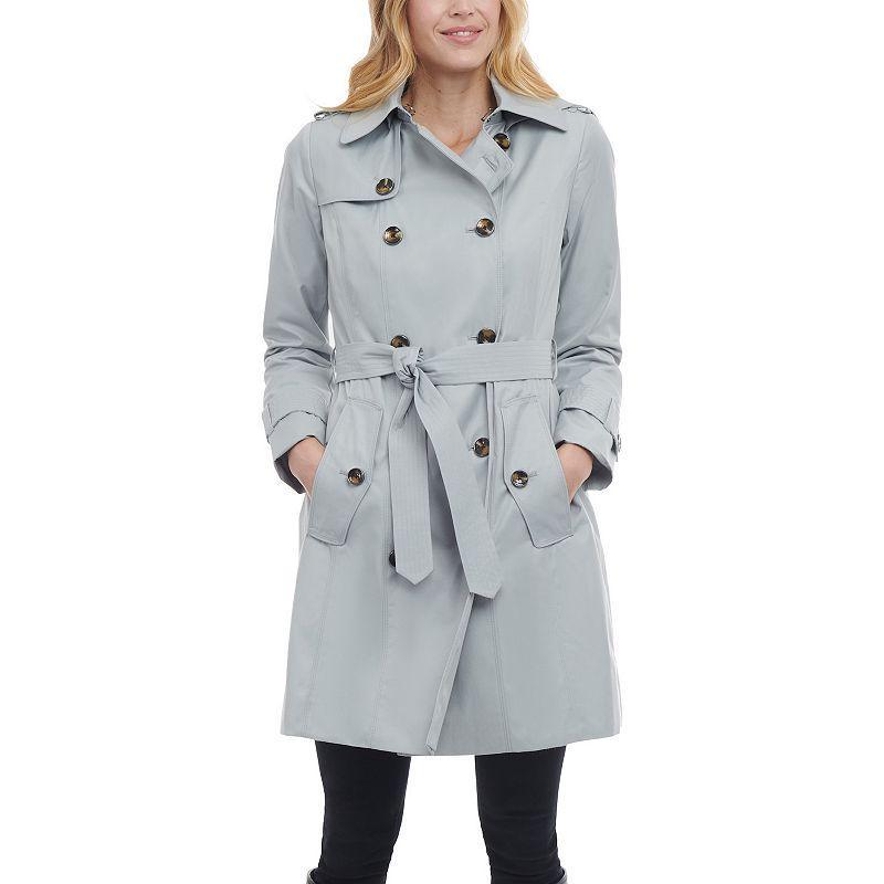 Womens London Fog Double-Breasted Trench Coat Grey Product Image