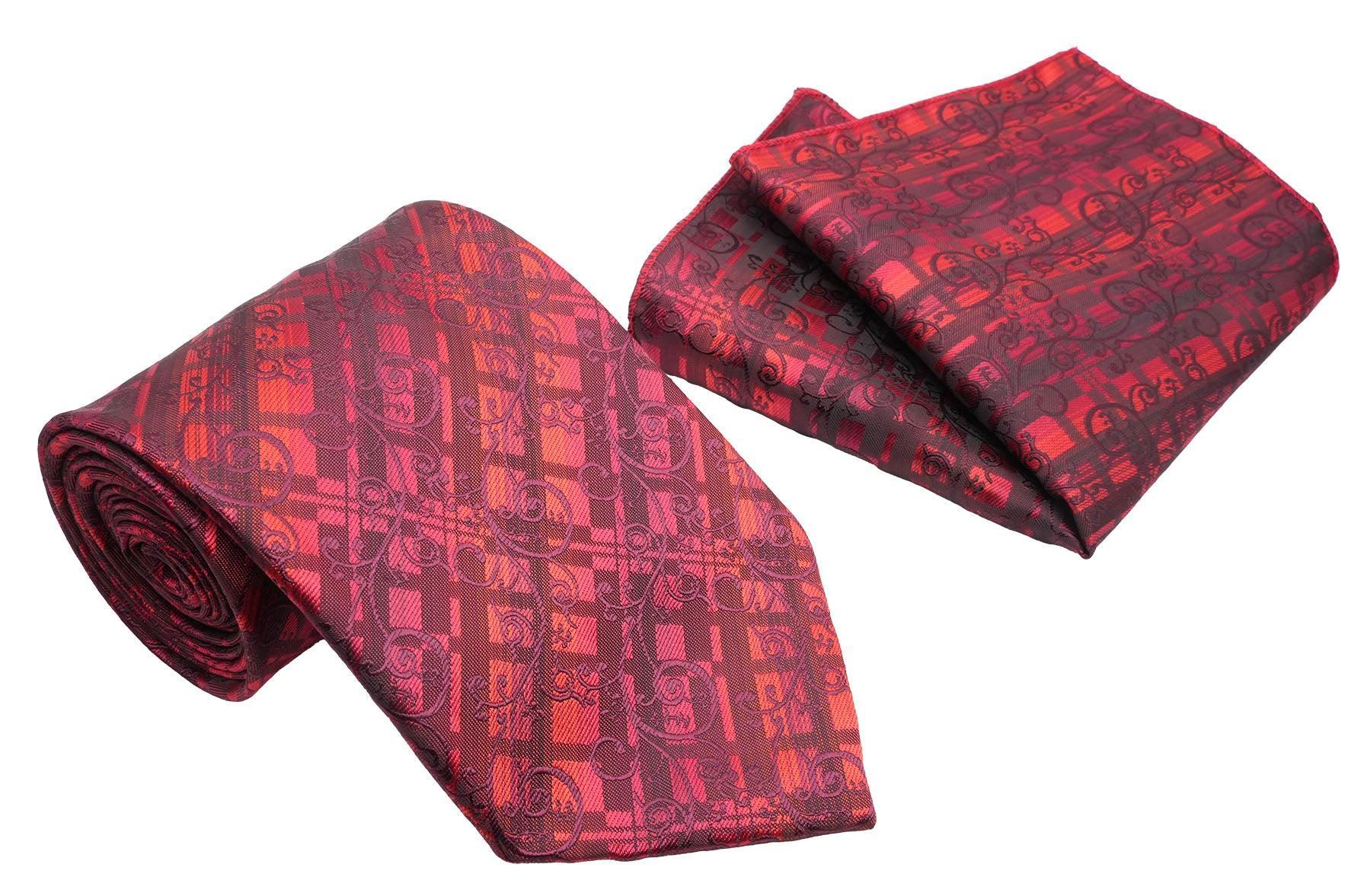 Red Tone-on-ton Plaid Scroll Pattern Men's Classic Tie and Pocket Square Set Male Product Image