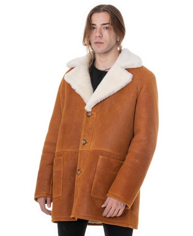 Mens Sheepskin Trench Coat, Washed Tan with White Curly Wool Product Image