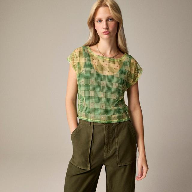 Sheer embellished T-shirt in plaid Product Image