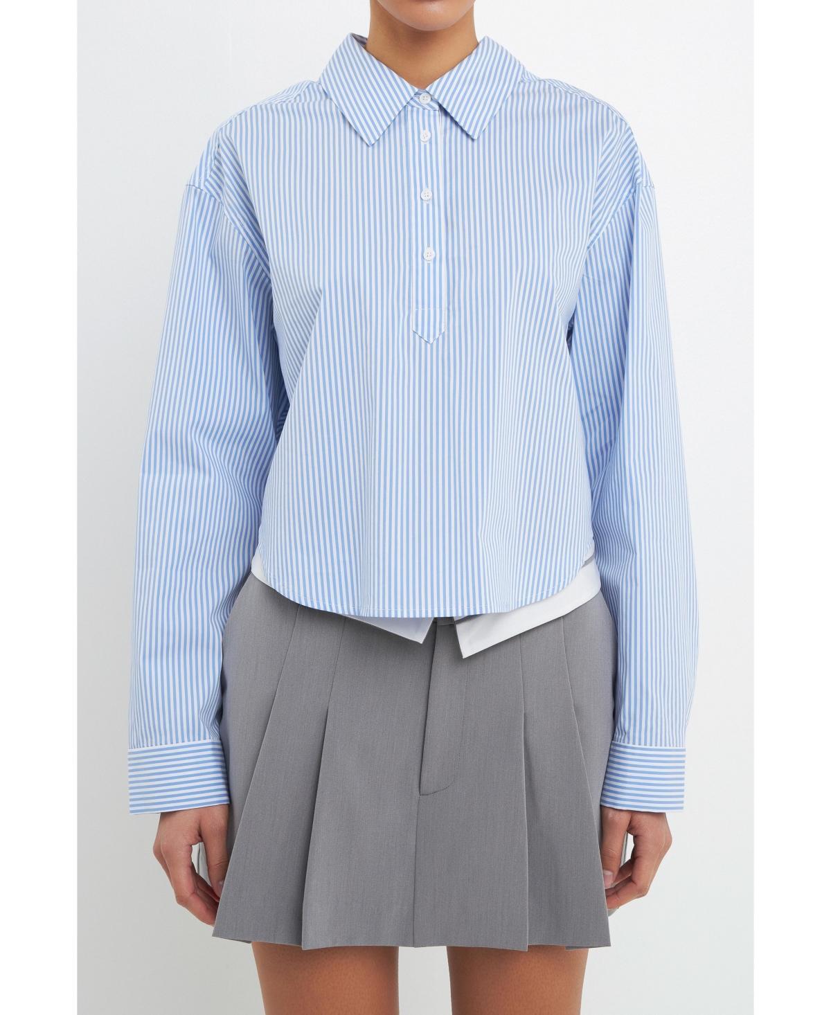 Grey Lab Pinstripe Crop Shirt in Blue at Nordstrom, Size Medium Product Image