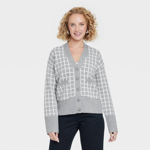 Womens Cozy Knit Everyday Cardigan - A New Day Light Windowpane XS Product Image