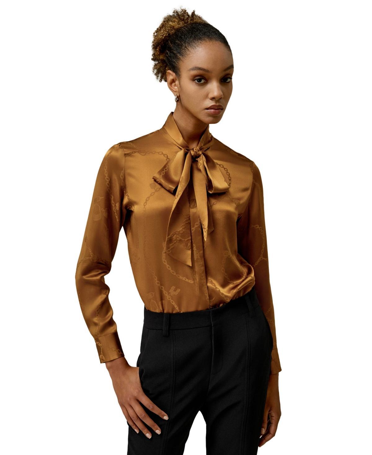 Lilysilk Womens Jacquard-wave Silk Blouse with Bow Product Image