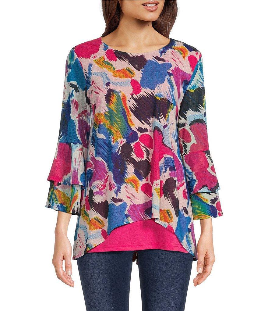 Calessa Abstract Brushstroke Print Mesh Knit Boat Neck 3/4 Ruffle Sleeve High-Low Overlay Tunic product image