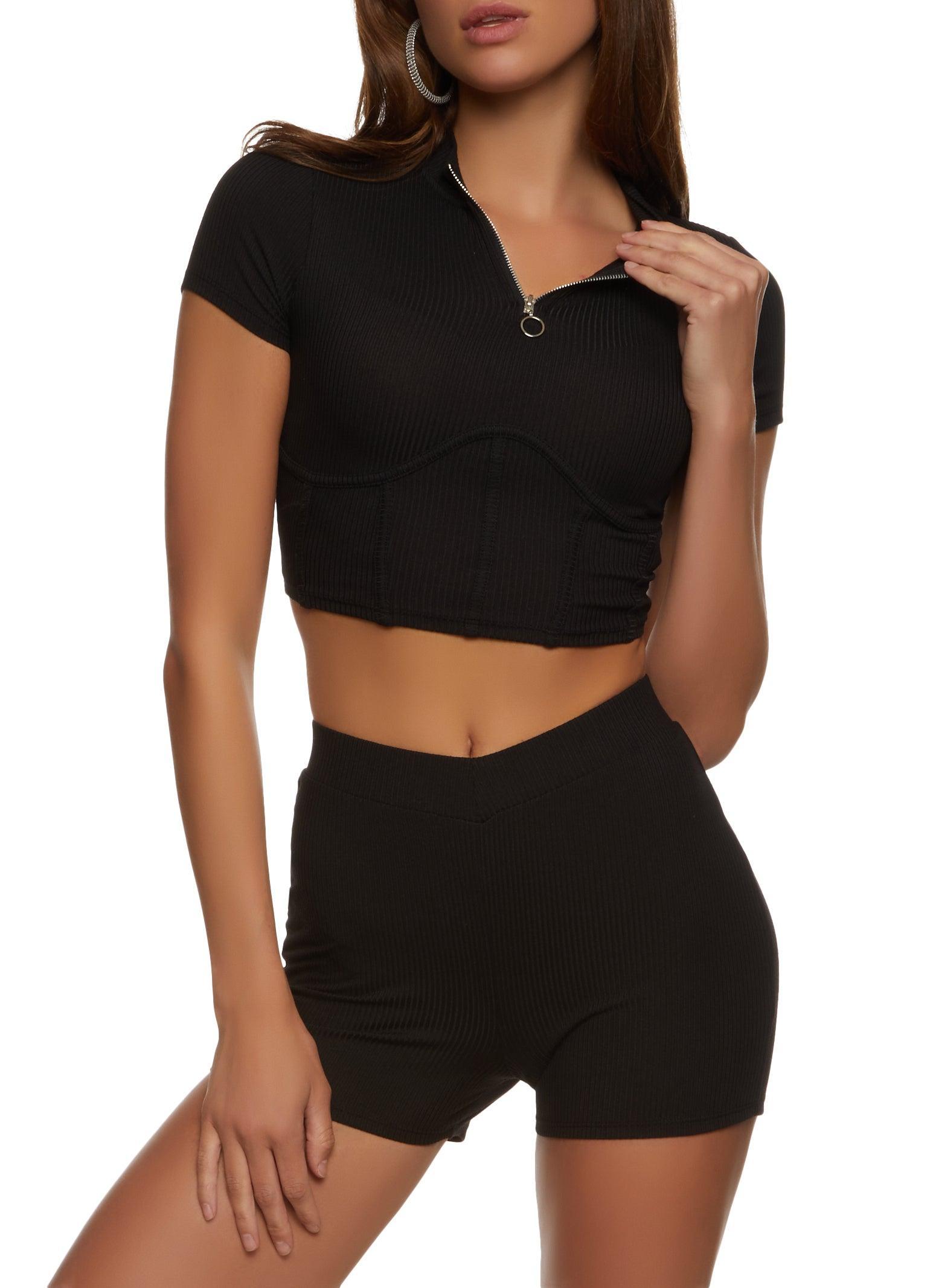 Womens Ribbed Zip Neck Corset Detail Crop Top Product Image