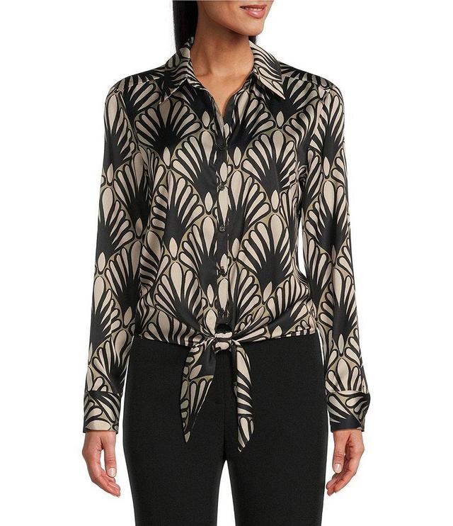 Preston & York Kinsley Woven Satin Fall Palms Print Point Collar Long Sleeve Button Front Tie Waist Blouse Product Image