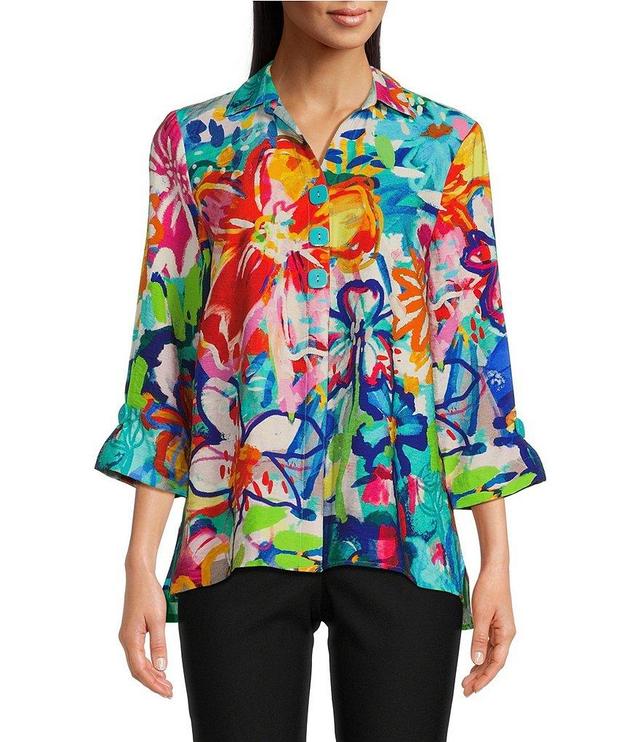 Ali Miles Petite Size Floral Print Point Collar 3/4 Sleeve Hi-Low Hem Button-Front Jacket Product Image