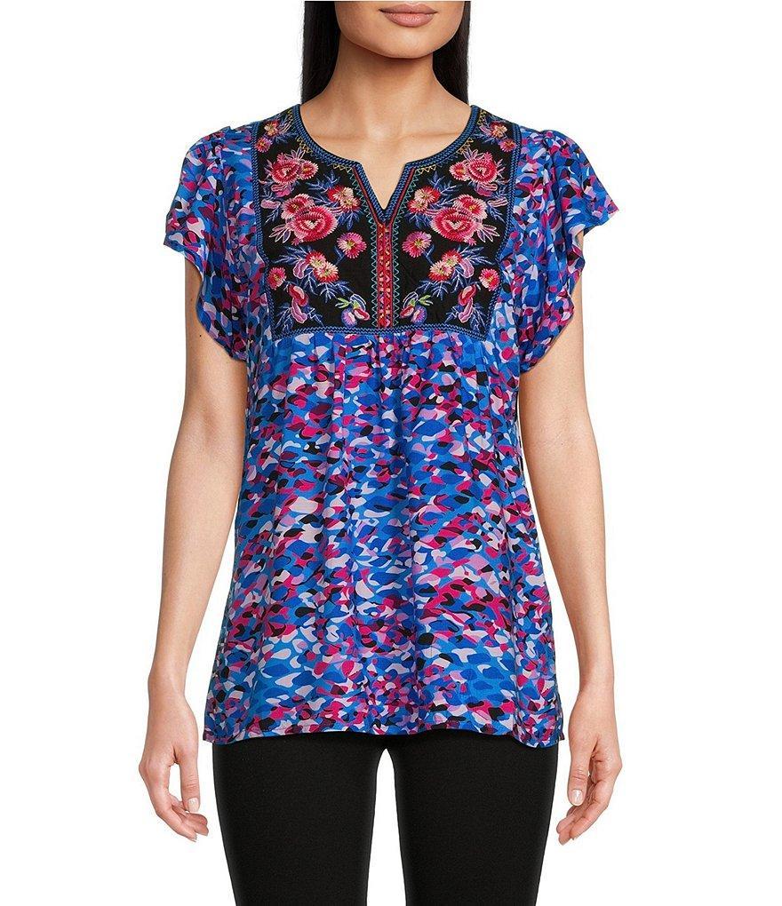 Calessa Woven Embroidered Printed Split V Neck Cap Sleeve Ruffle Shirttail Hem Pullover Top Product Image