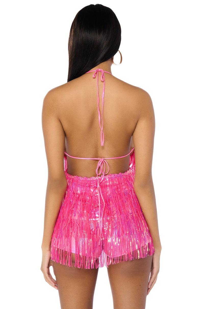 FLAPPER FRINGE ROMPER IN HOT PINK Product Image