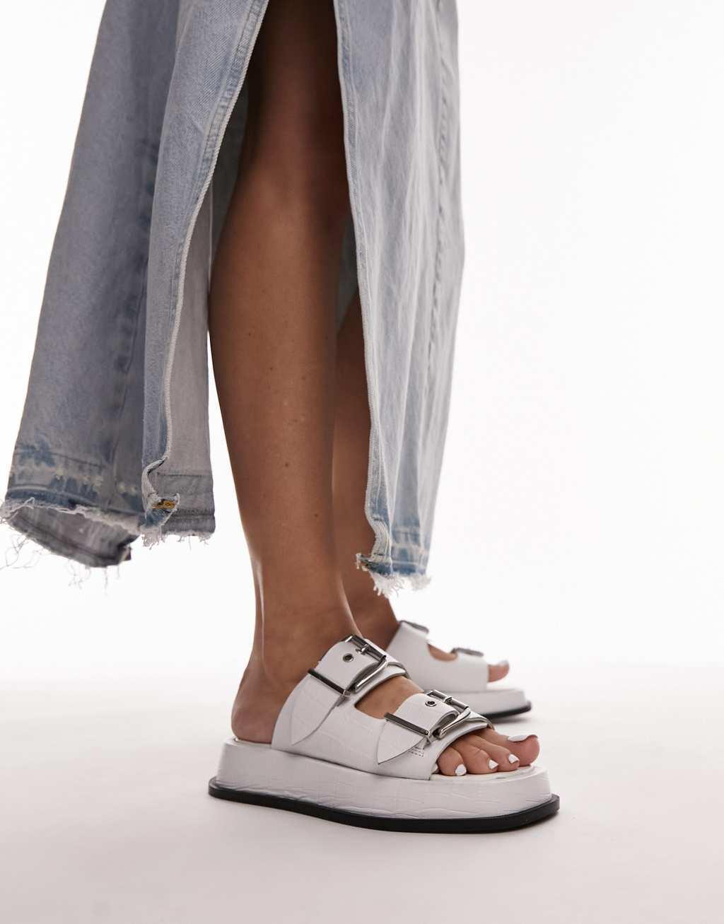 Topshop Katie leather chunky sandals in white croc Product Image