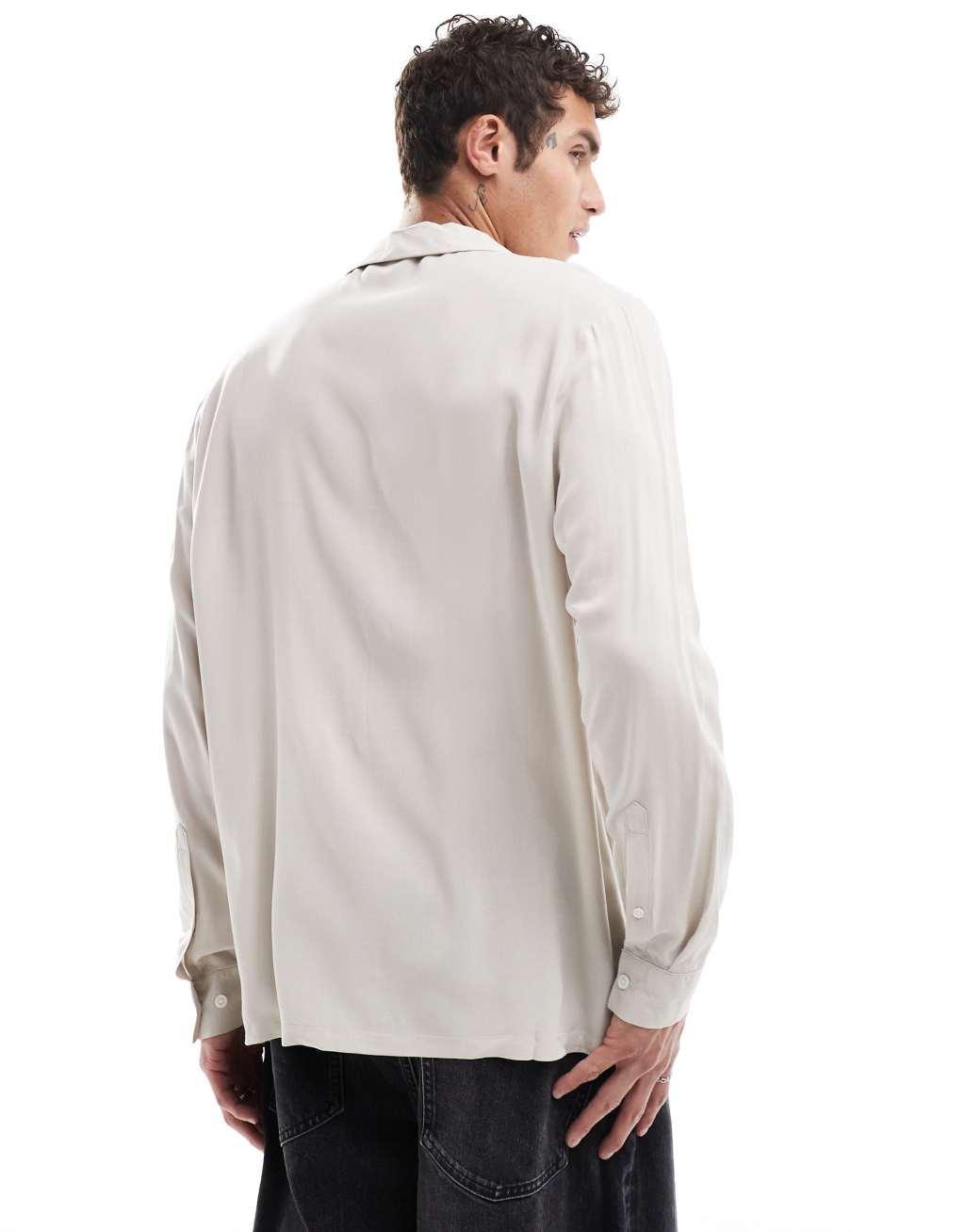 ASOS DESIGN relaxed deep revere viscose shirt in stone Product Image