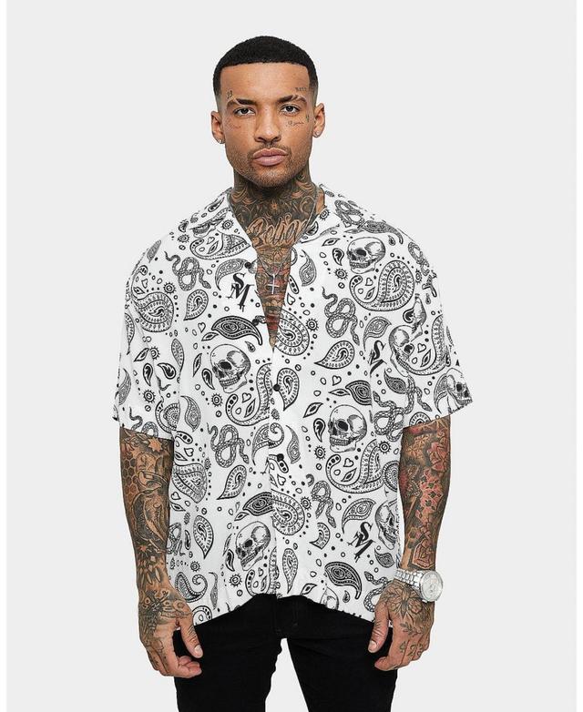 Saint Morta Mens Paisley Skulls Short Sleeve Button Up Shirt - White Product Image