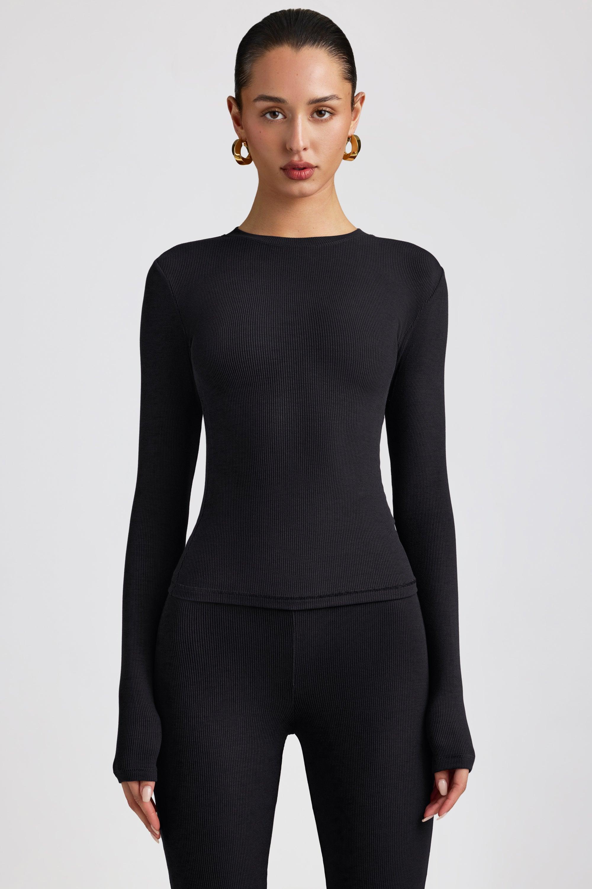 Ribbed Modal Crew Neck Top in Black Product Image