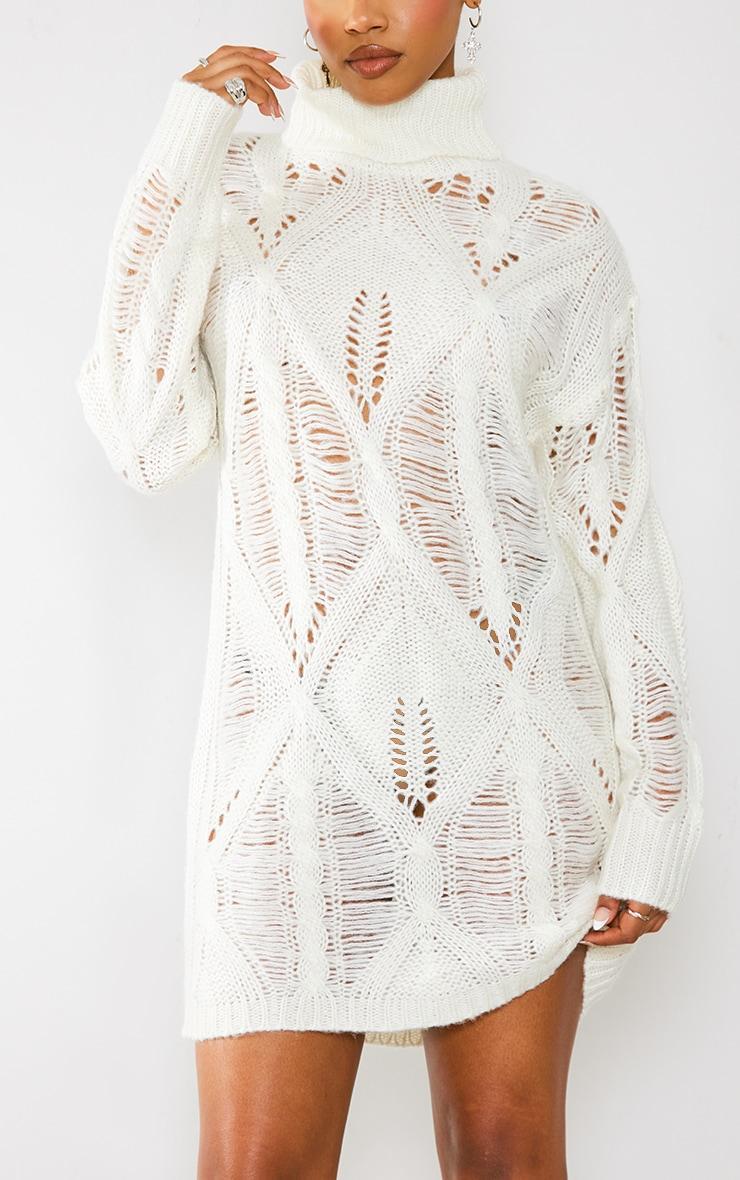 Cream Extreme Distressed Knitted Sweater Dress Product Image