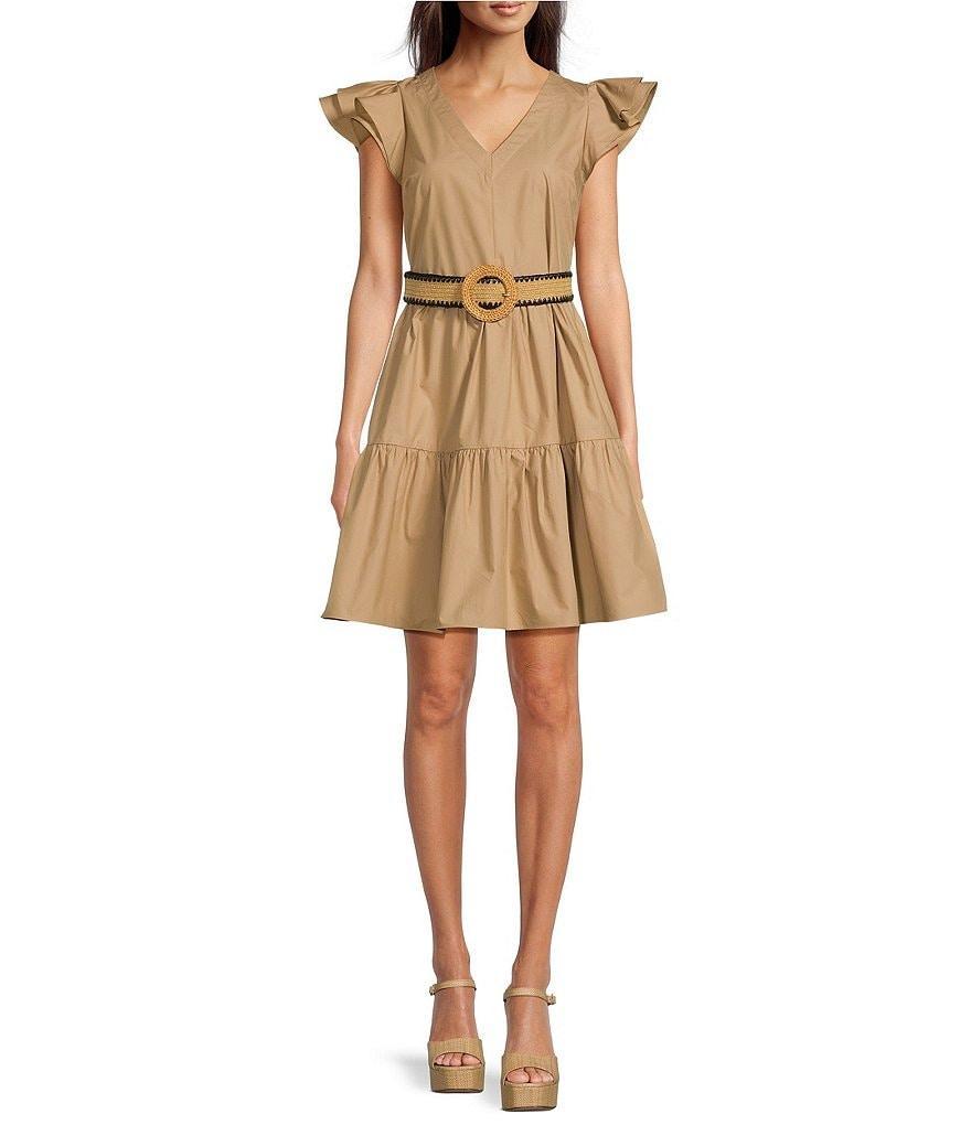 Gibson & Latimer Cap Flutter Sleeve V-Neck Belted Tiered A-Line Mini Dress Product Image