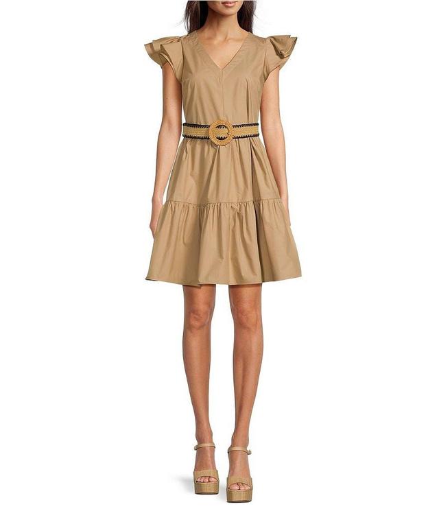 Gibson & Latimer Cap Flutter Sleeve V-Neck Belted Tiered A-Line Mini Dress Product Image