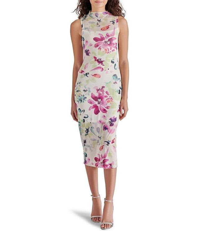 Steve Madden Sidra Floral Print Mesh Mock Neck Sleeveless Midi Dress Product Image