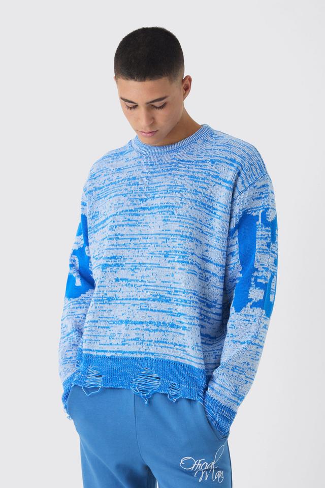 Boxy Distressed Hem Cross Graphic Knitted Sweater | boohooMAN USA Product Image