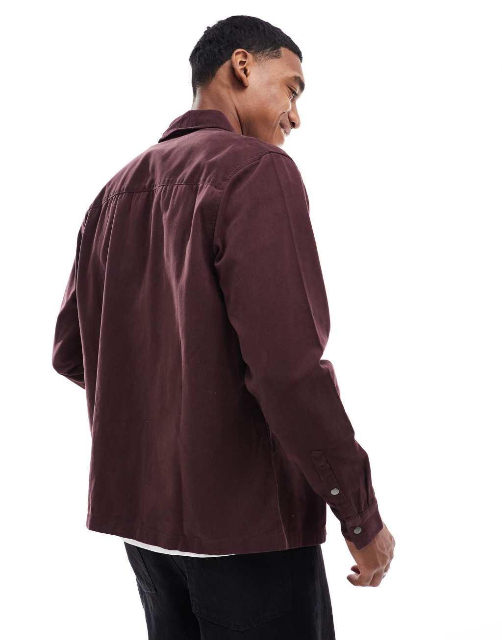 ASOS DESIGN overshirt with front zip in burgundy Product Image