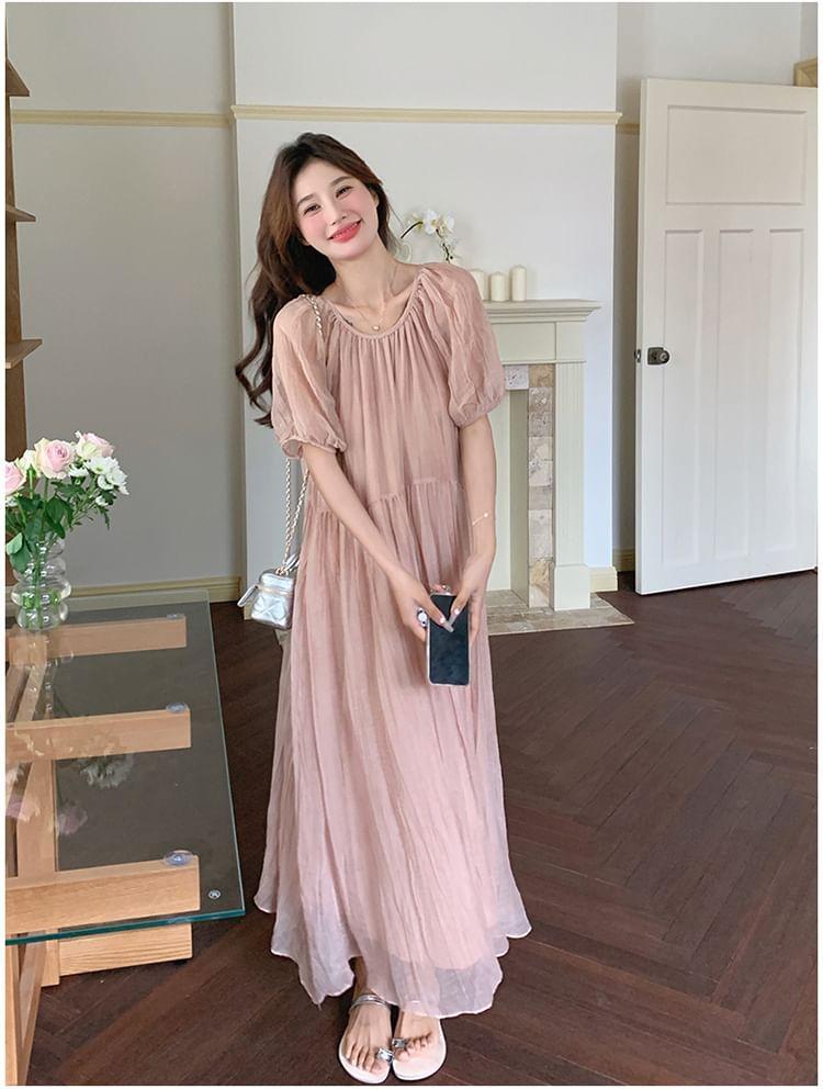 Ruffle Short-Sleeve Round Neck Plain Maxi A-Line Dress Product Image