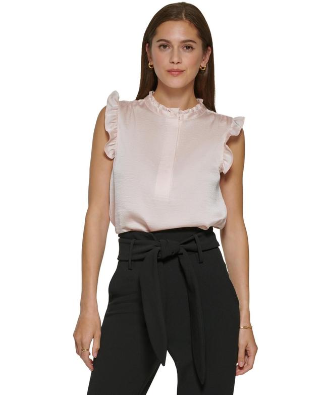 Dkny Womens Solid Ruffled-Sleeve Half-Placket Blouse Product Image