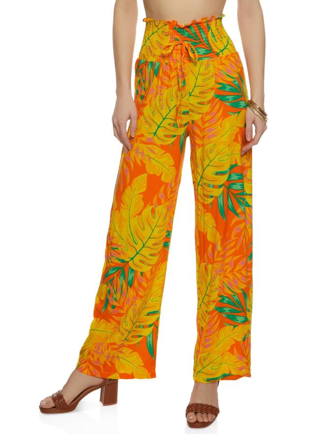 Womens Smocked Waist Tropical Print Wide Leg Pants Product Image