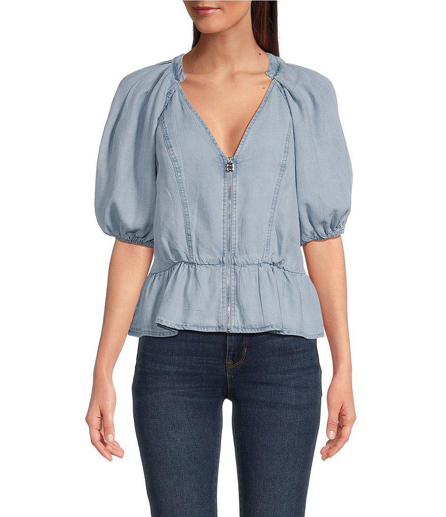 DKNY by Donna Karan Puff Short Sleeve Tencel V-Neck Zip Front Peplum Top Product Image