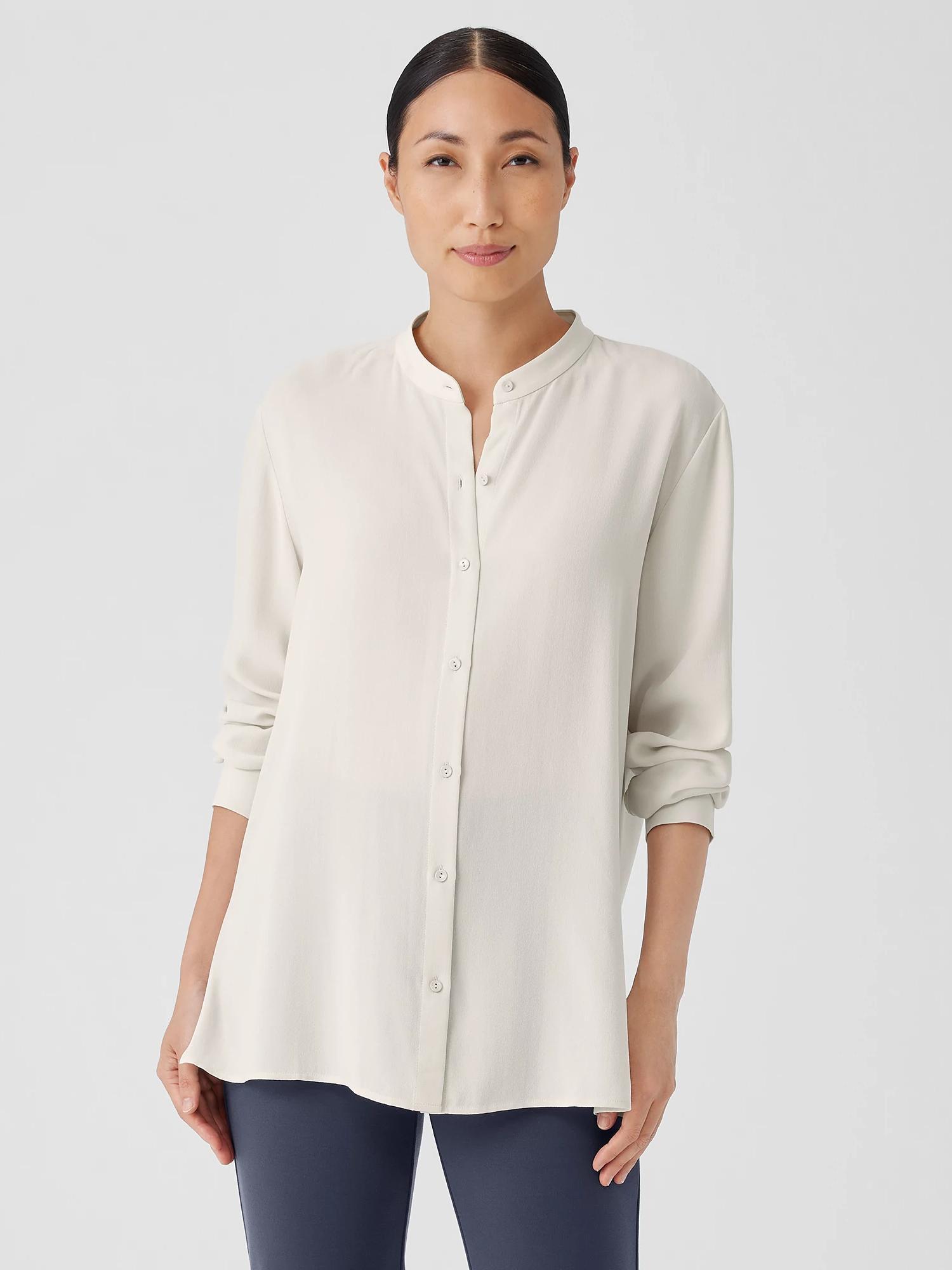 EILEEN FISHER Silk Georgette Crepe Band Collar Shirtfemale product image