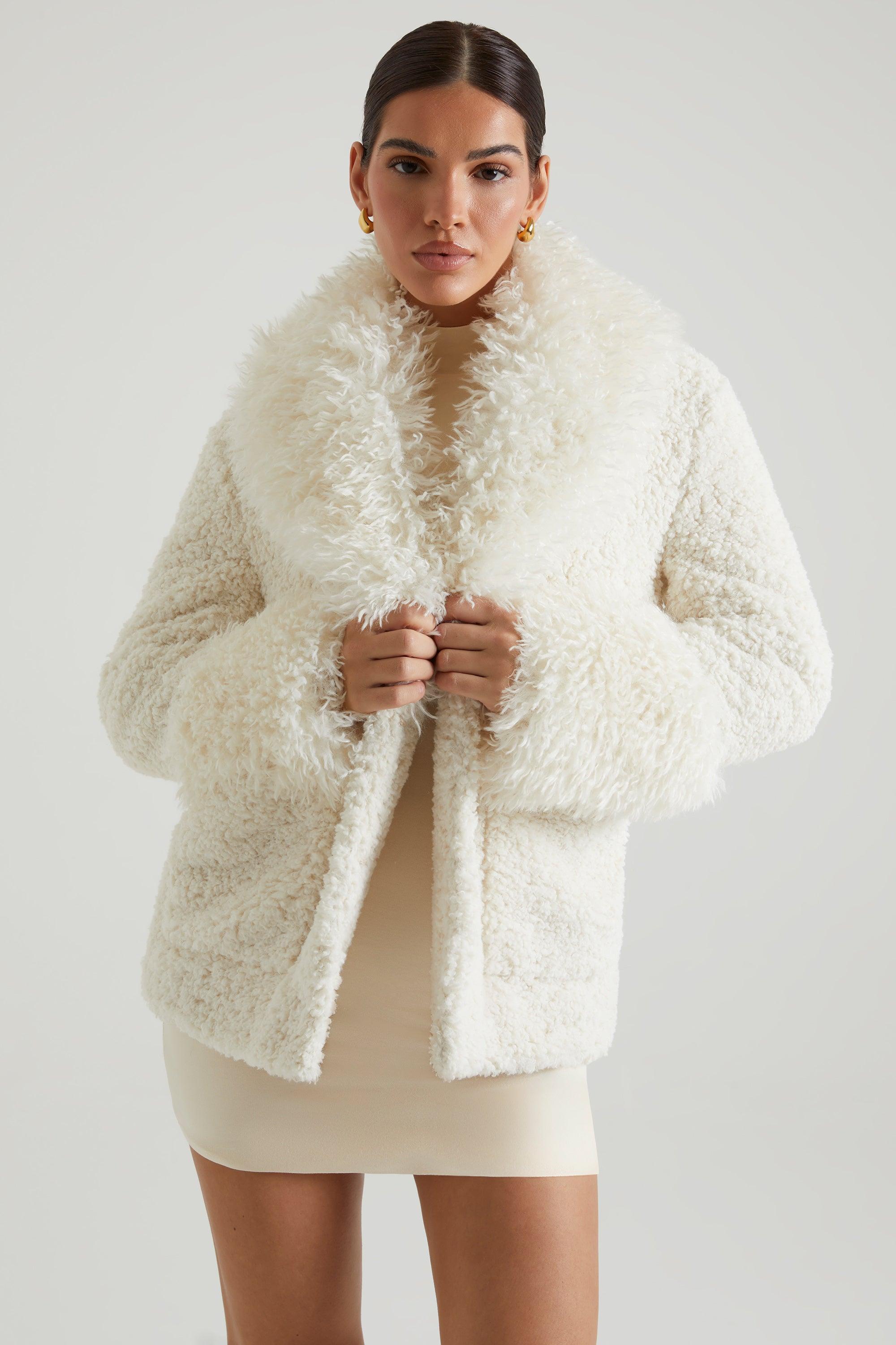 Shearling Coat with Large Front Pockets in Cream Product Image