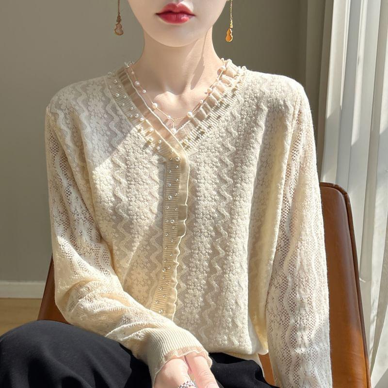 V-Neck Beaded Plain Cardigan Product Image