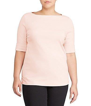 Lauren Ralph Lauren Plus Size Stretch Cotton Boat Neck Short Folded Elbow Sleeve Top Product Image