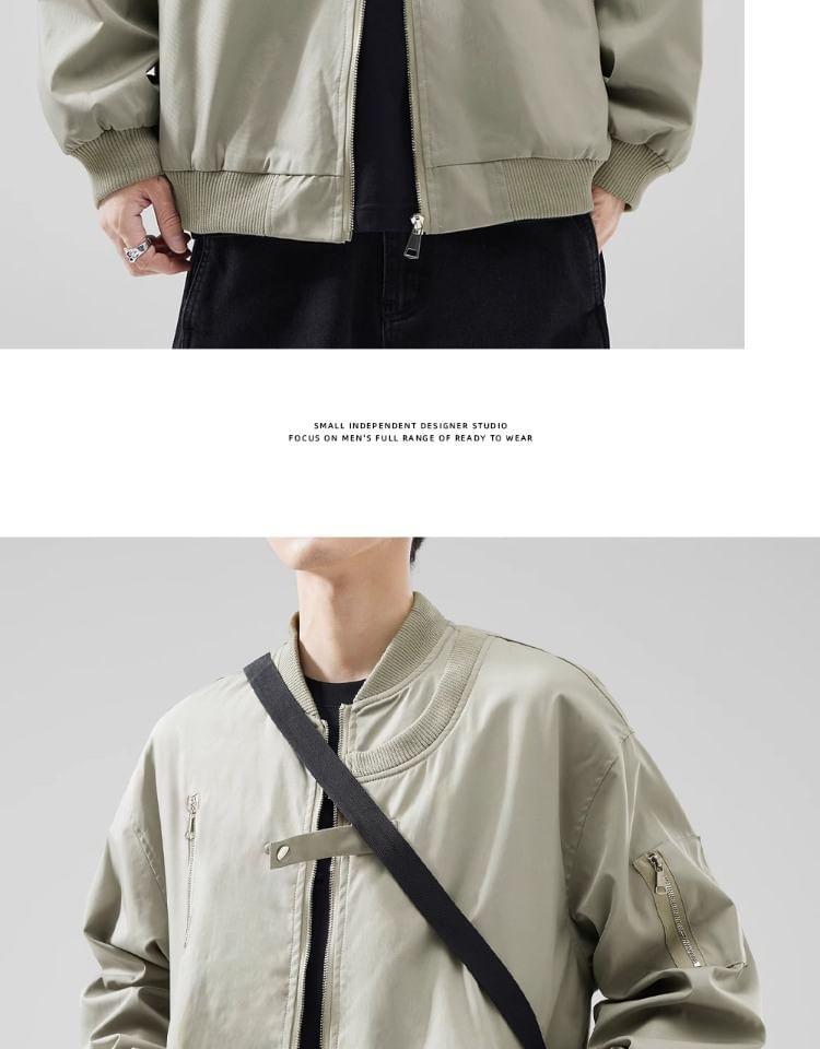 Drop-Shoulder Plain Zip Bomber Jacket Product Image