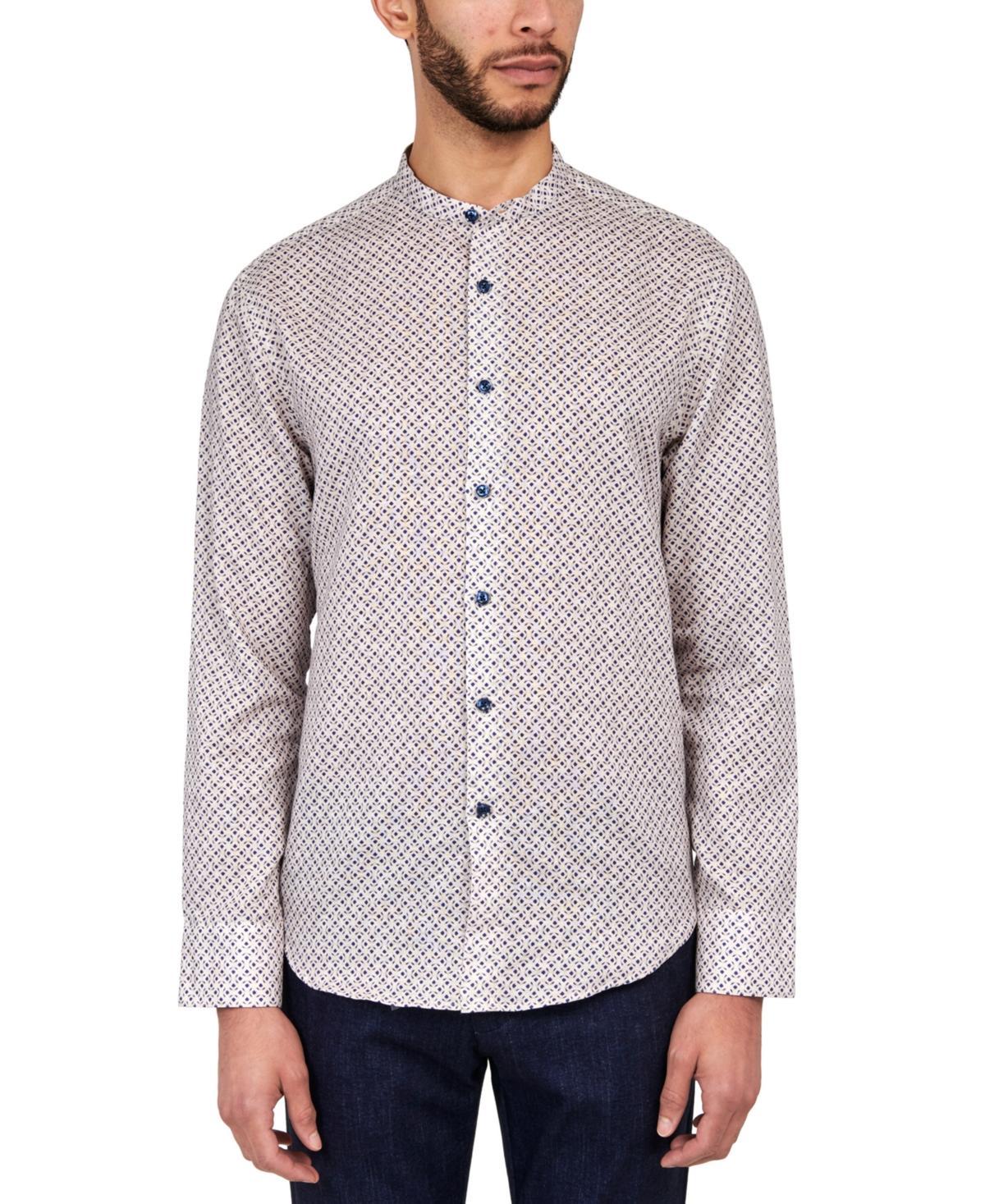 Brooklyn Brigade Mens Dumbo Moisture-Wicking Interlocking Geo-Print Button-Down Mandarin Shirt - Tan Product Image