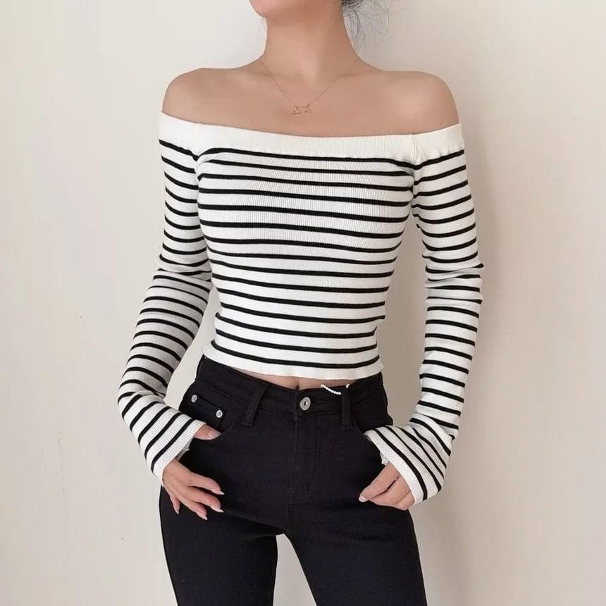 Long-Sleeve Off Shoulder Striped Crop Knit Top Product Image