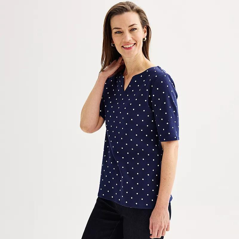 Petite Croft & Barrow Elbow Sleeve Splitneck Top, Womens Blue Small Dot Product Image