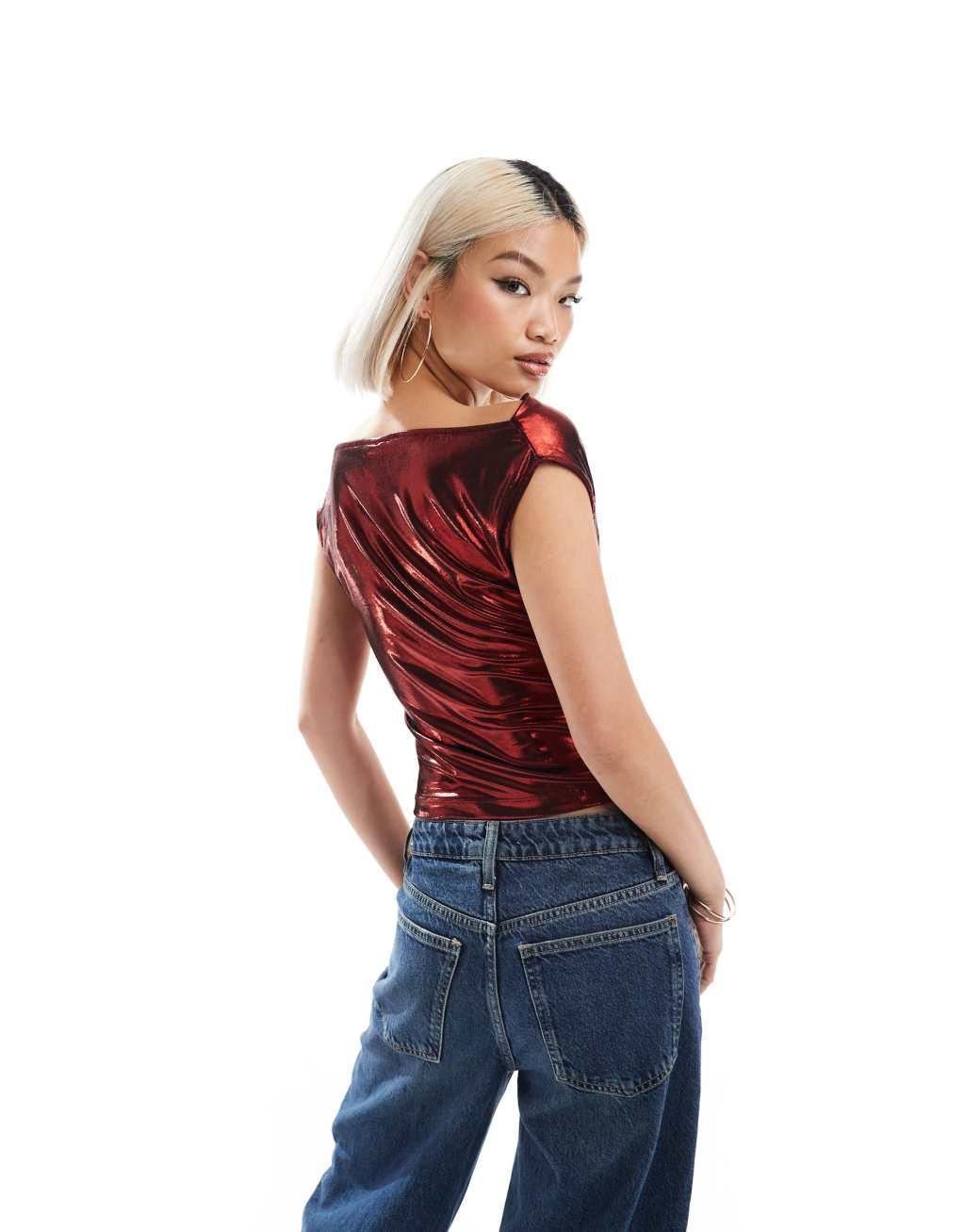 ASOS DESIGN foil cowl neck top in red Product Image