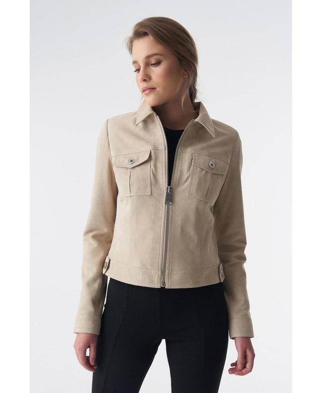 Womens Denim Style Zipper Suede Jacket Beige Product Image