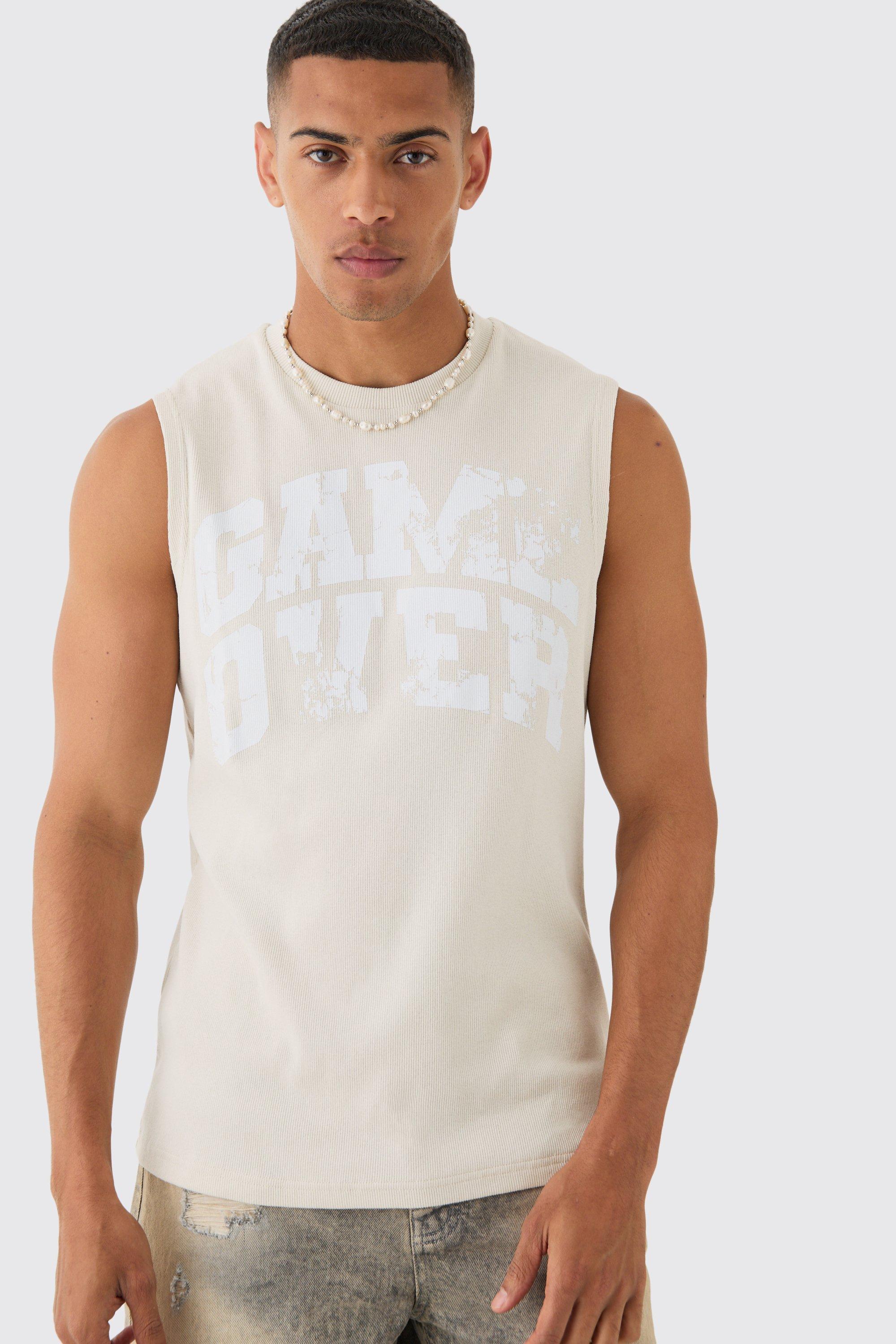 Mens Beige Game Over Printed Ribbed vest, Beige Product Image