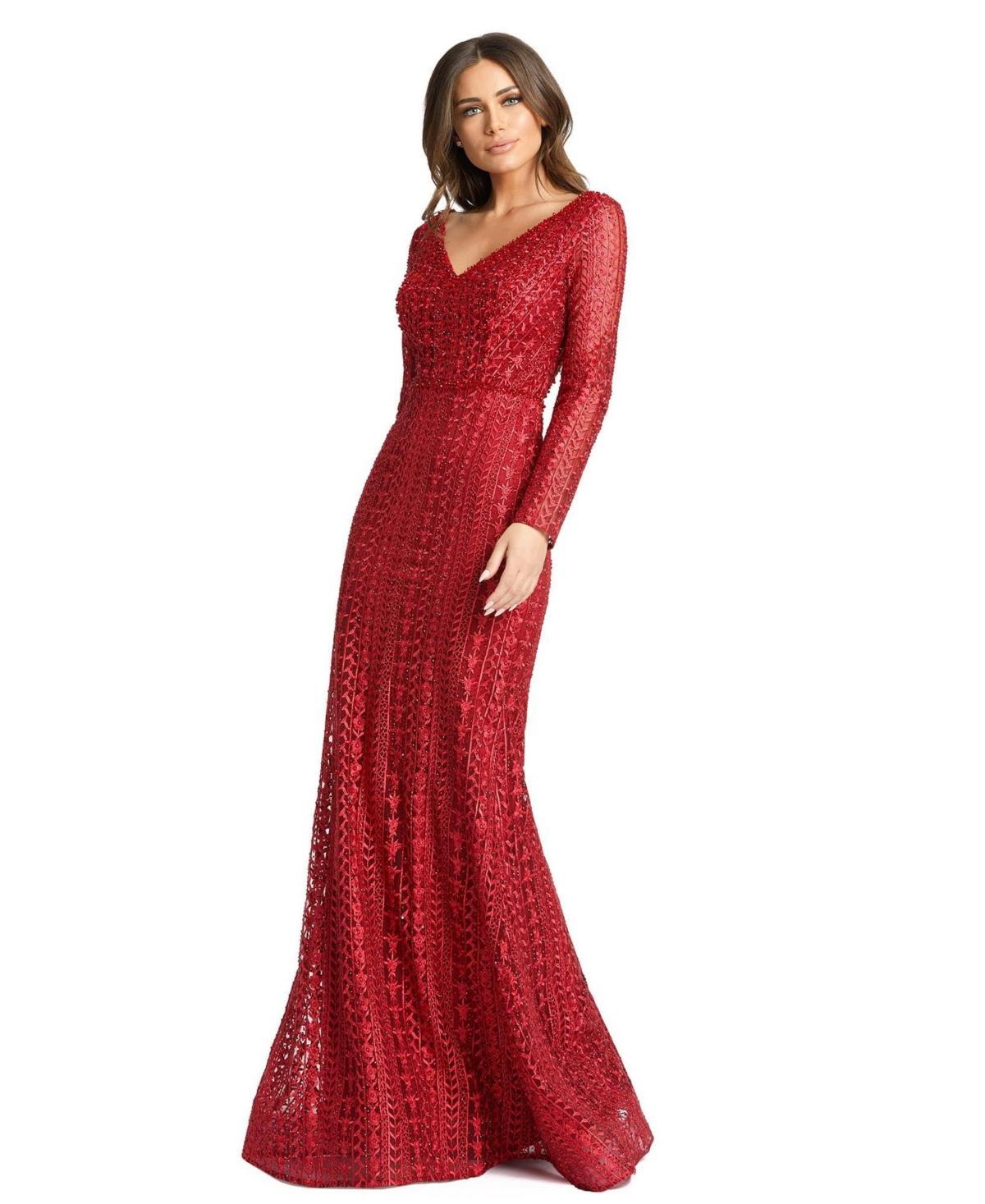 Womens Embroidered Long Sleeve V Neck Trumpet Gown Product Image