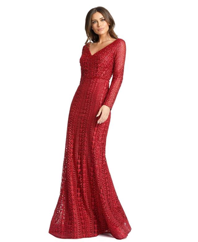 Womens Embroidered Beaded V-Neck Gown Product Image