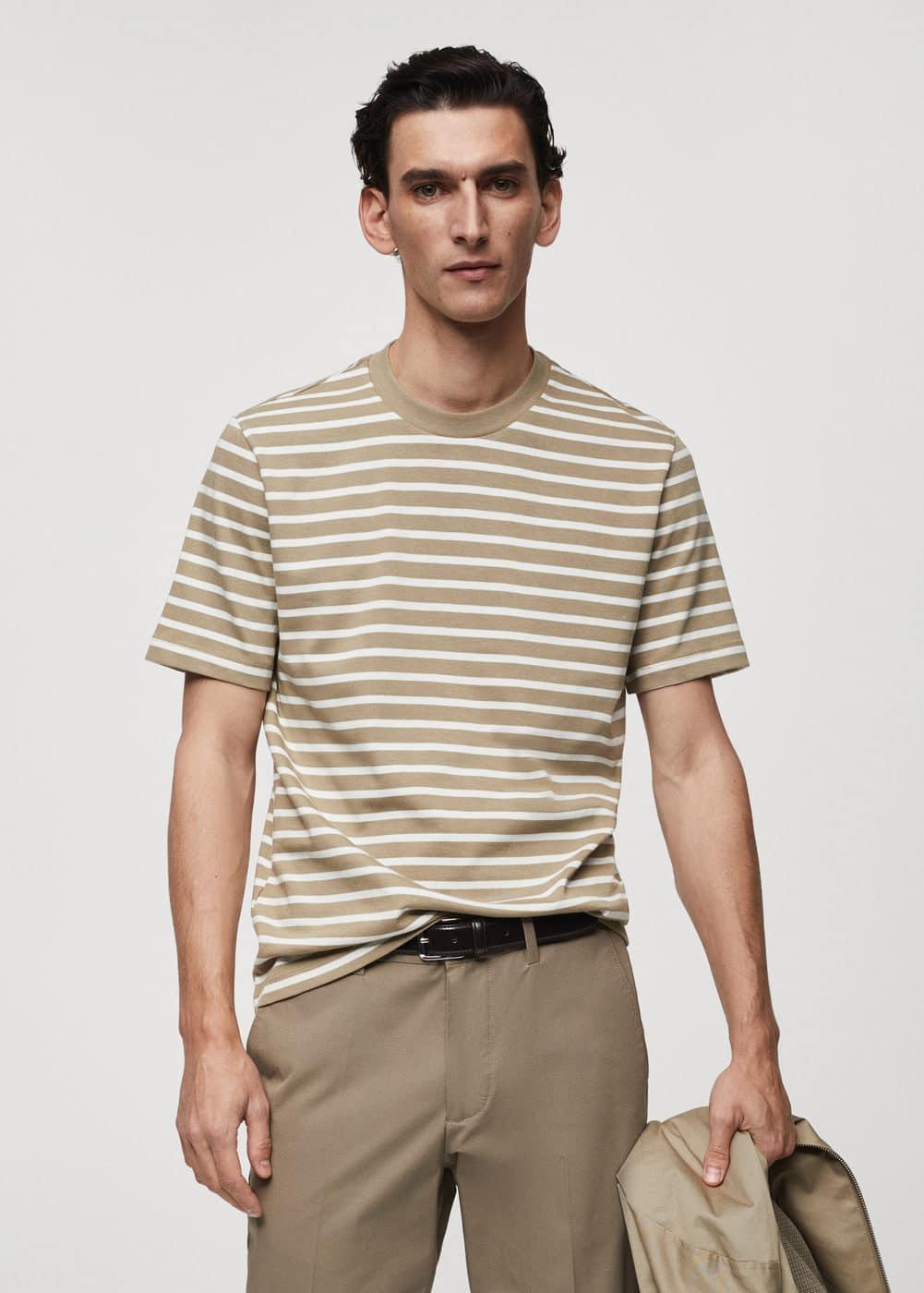 MANGO MAN - Striped cotton T-shirt light/pastel greyMen Product Image